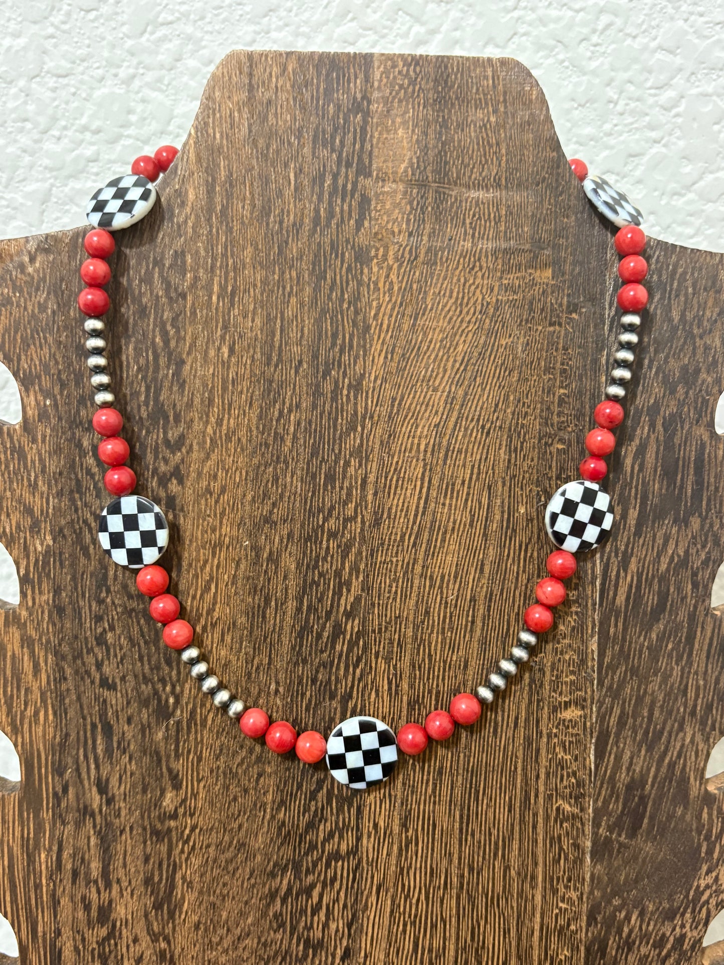 16” Coral and Checkered Necklace
