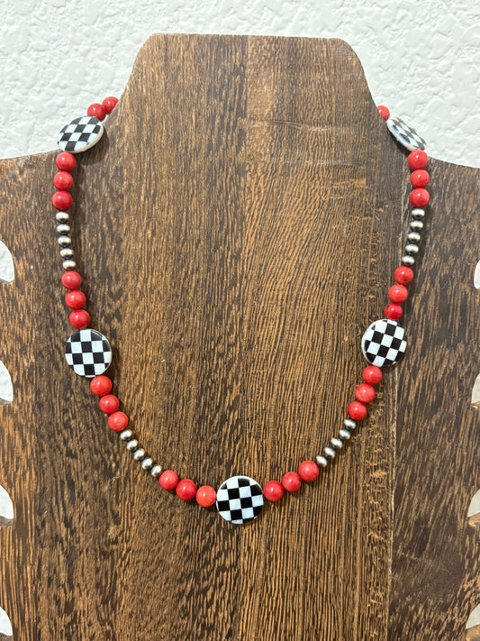 16” Coral and Checkered Necklace