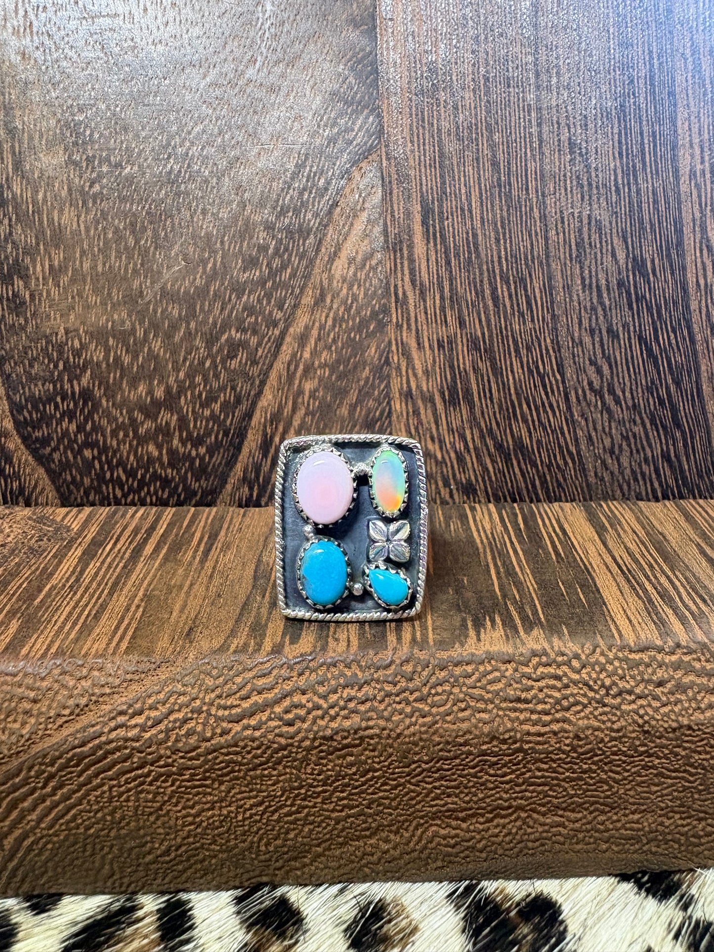 Pink Conch, Kingman, & Opal Mix Stone Cluster Ring