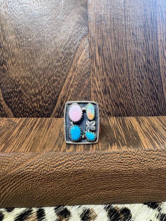 Pink Conch, Kingman, & Opal Mix Stone Cluster Ring