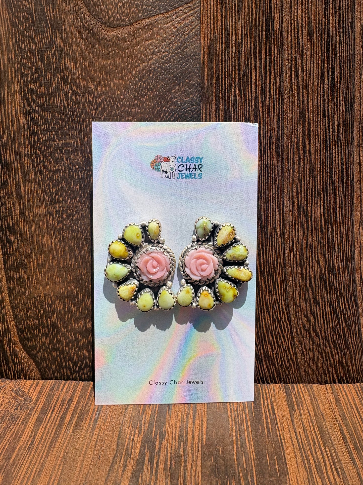 Palomino & Pink Conch Rose Half Cluster Studs