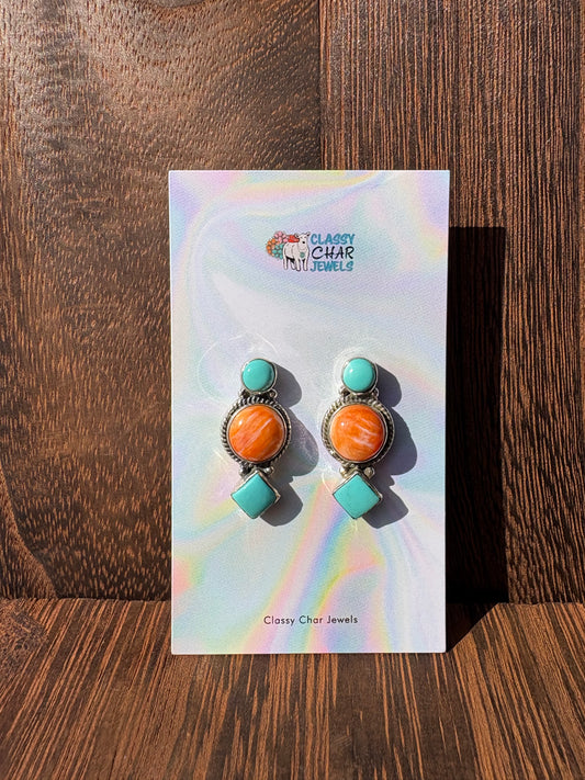 Kingman & Orange Spiny 3 Stone Studs