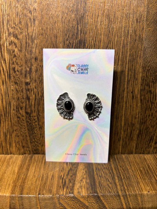 Black Onyx Half Cluster Silver Design Studs