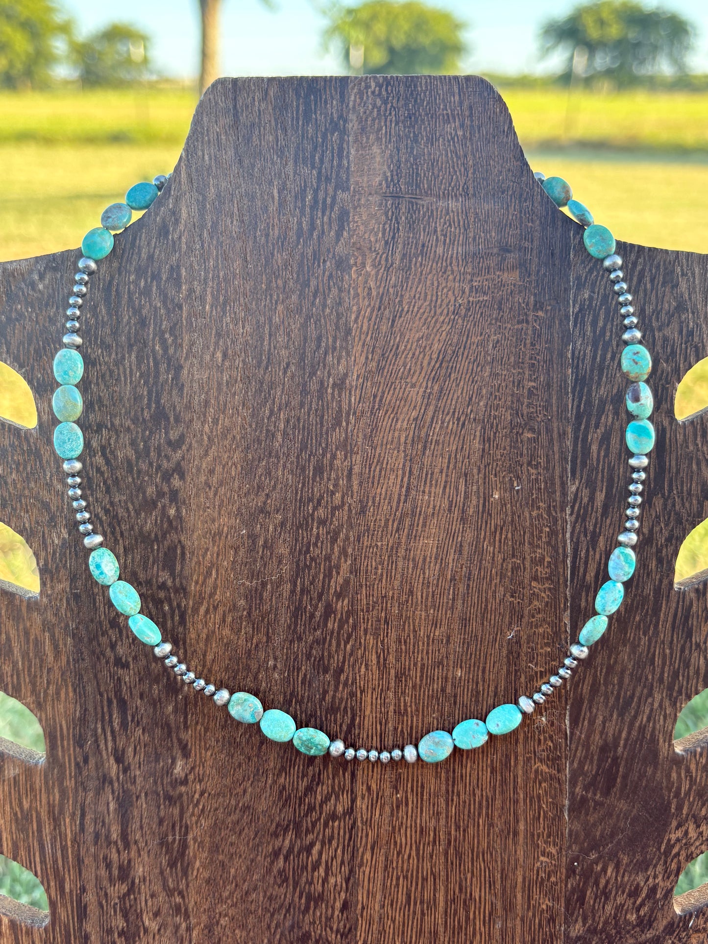 16” + 2” Turquoise Ovals & Sterling Pearls