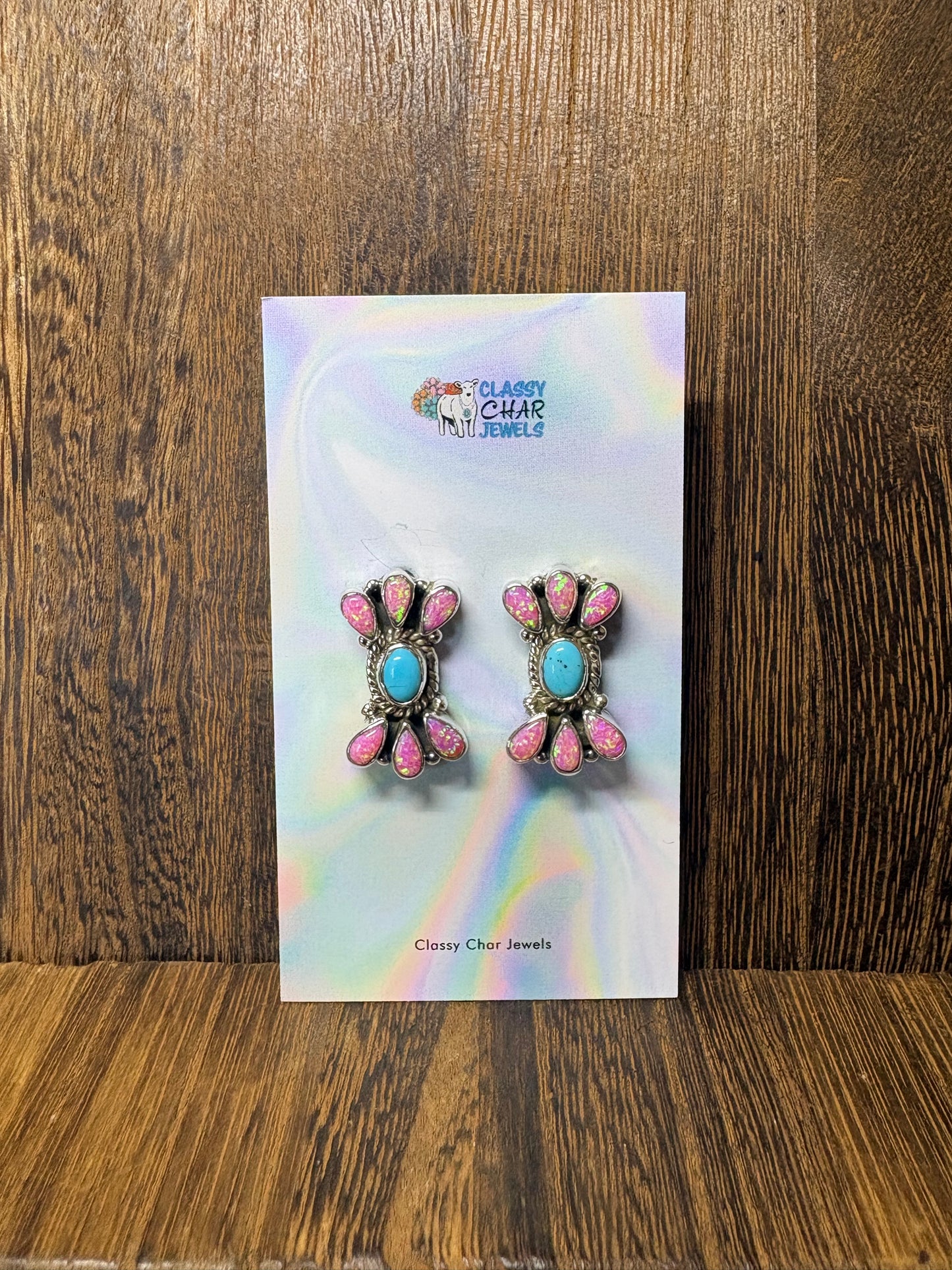 Hot Pink Opal & Kingman Cluster Studs