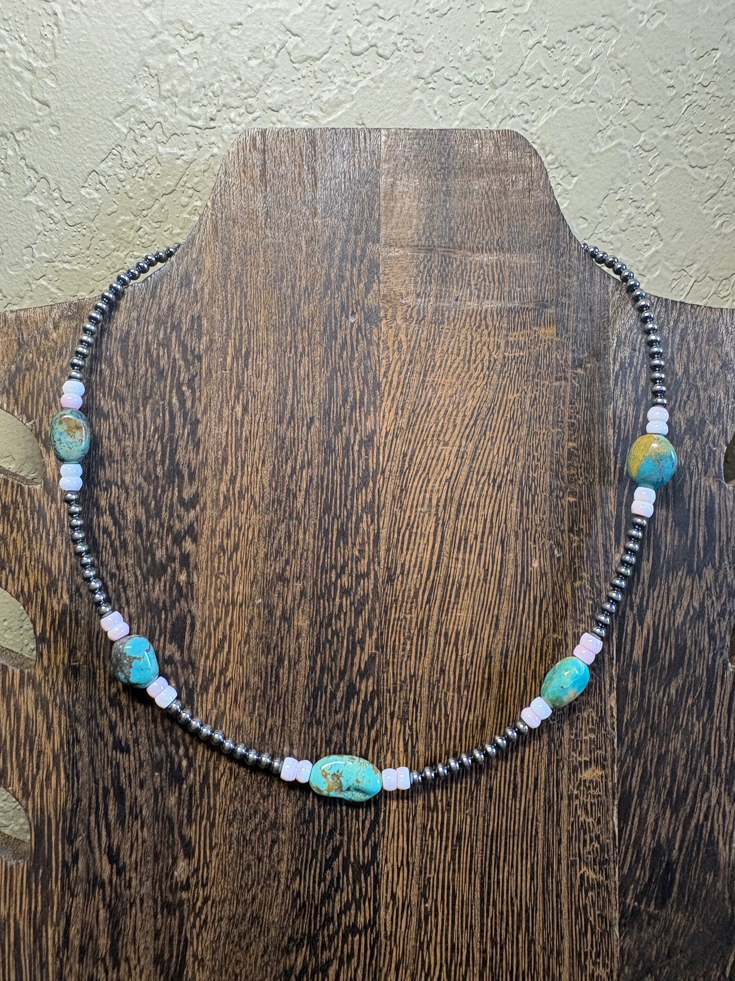 15” + 2” Turquoise, Pink Conch, & Sterling Pearl Necklace