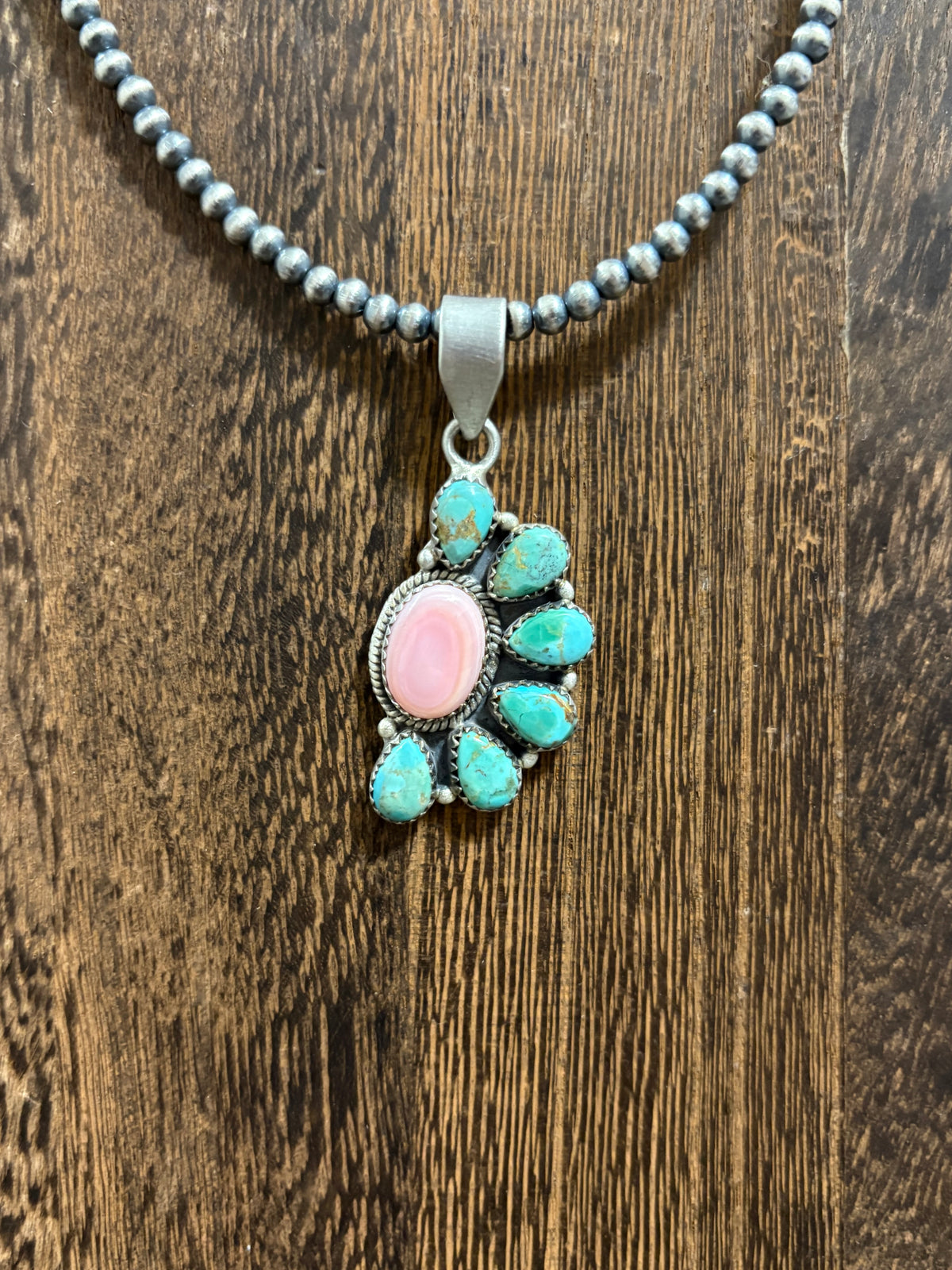 Large Kingman & Pink Conch Half Cluster Pendant