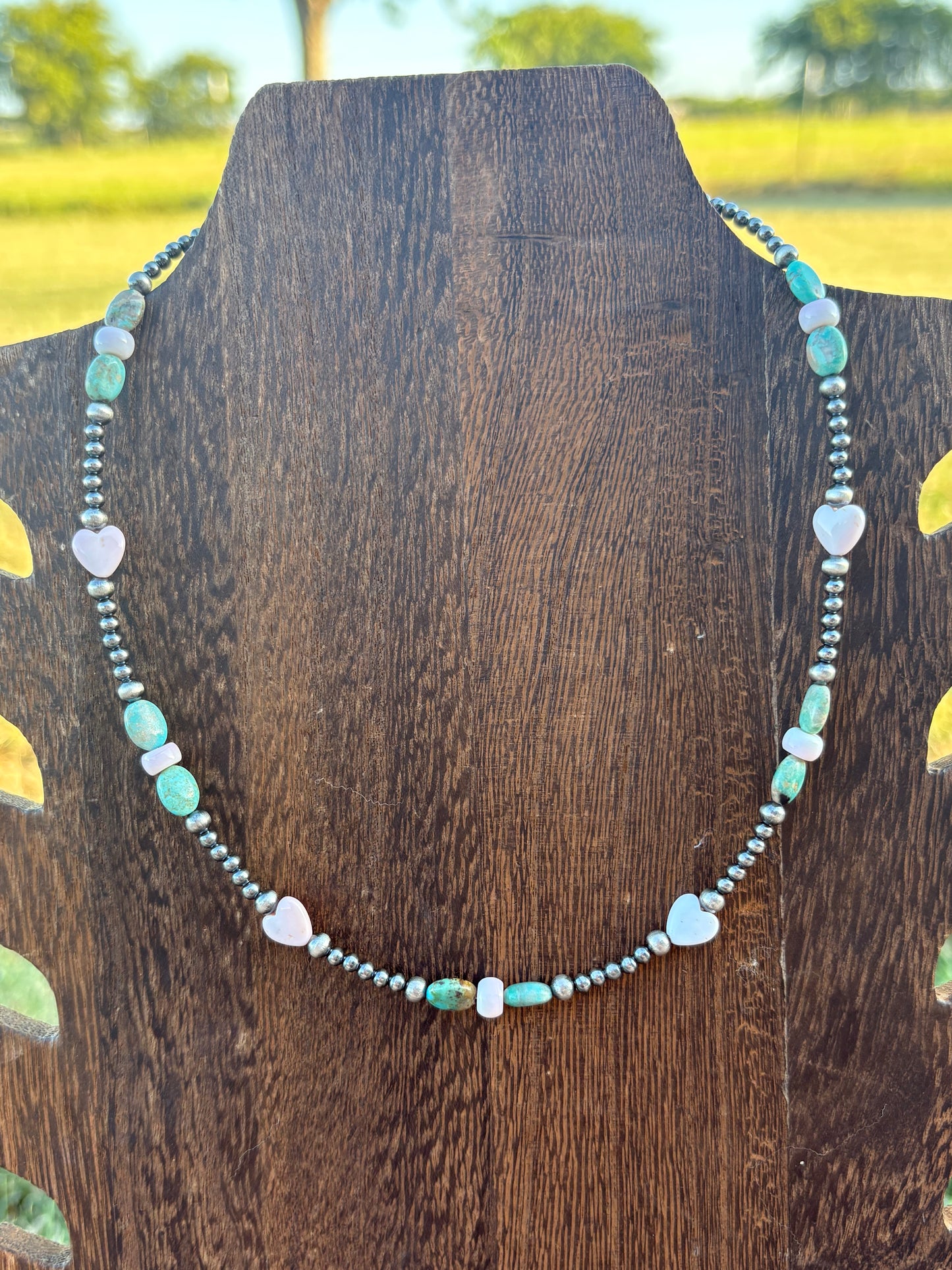 15” + 2” Pink Conch Hearts, Turquoise Ovals, & Sterling Pearls