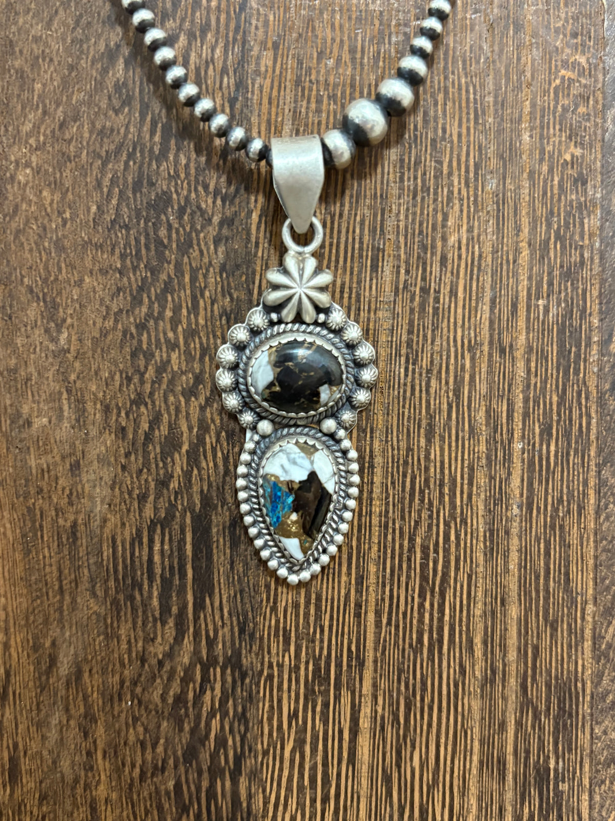 White Buffalo Turquoise 2 Stone Studded Detail Pendant
