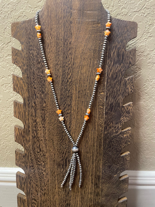 18" Orange Spiny Star Tassel Necklace