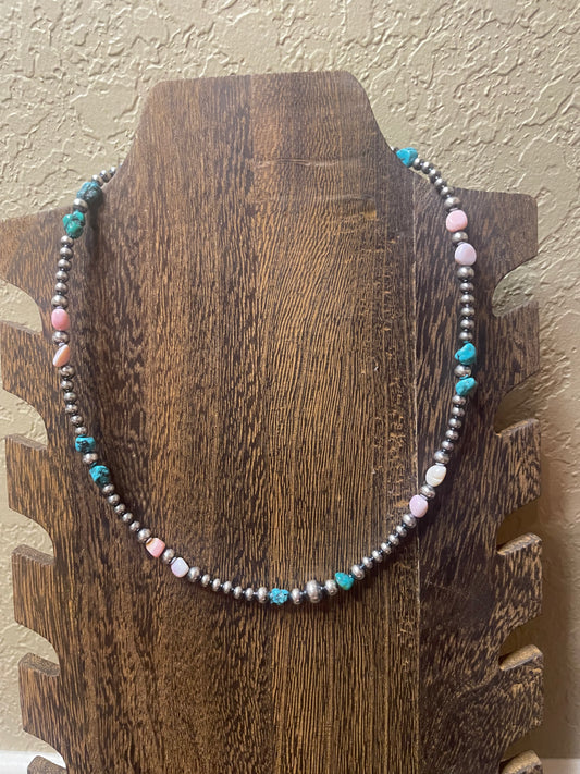 18" Pink Conch and Turquoise Necklace