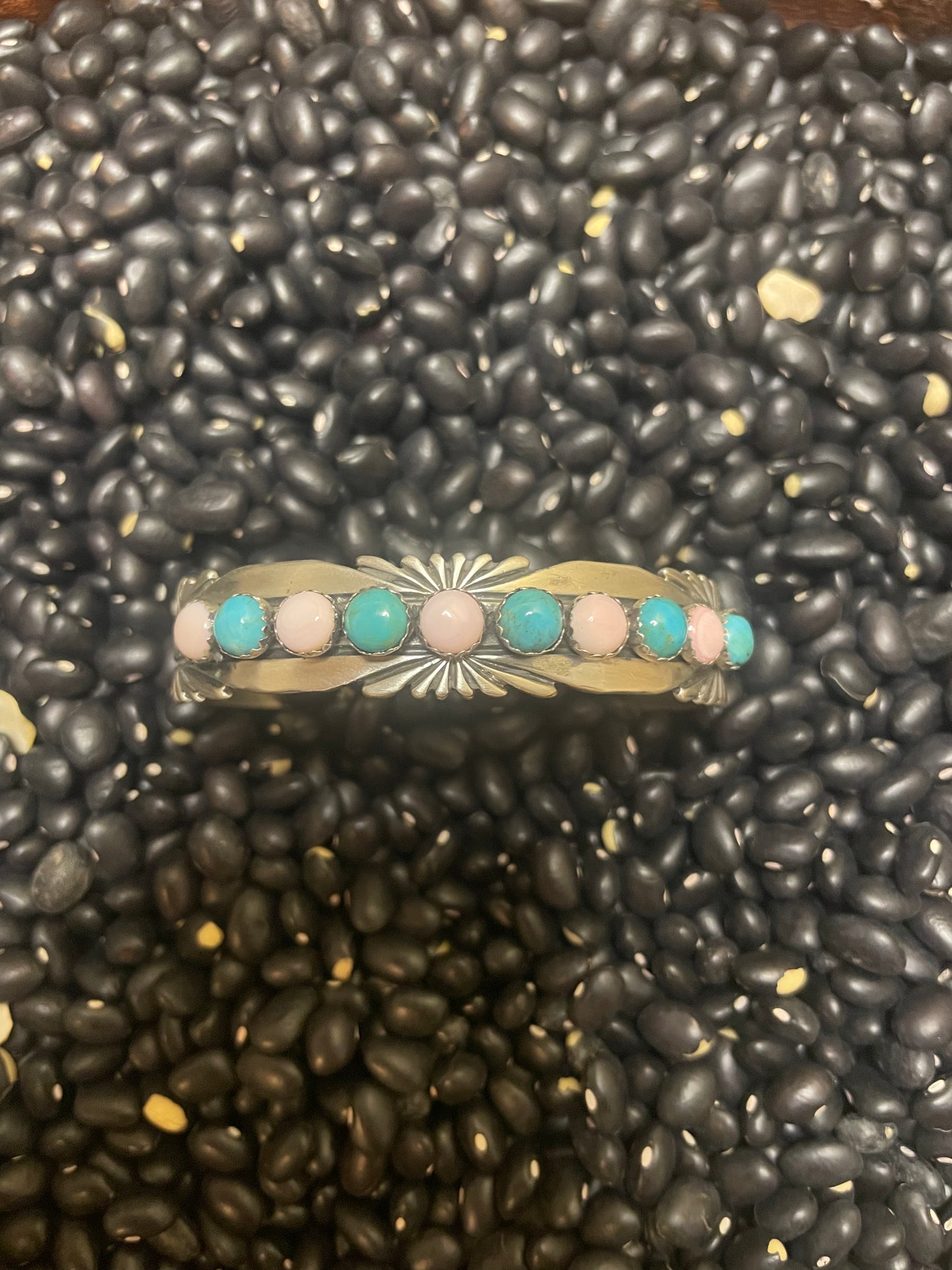 Navajo Handmade Pink Conch and Turquoise Cuff