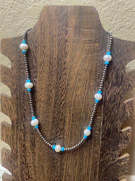 18" Freshwater Pearls and Turquoise Necklace