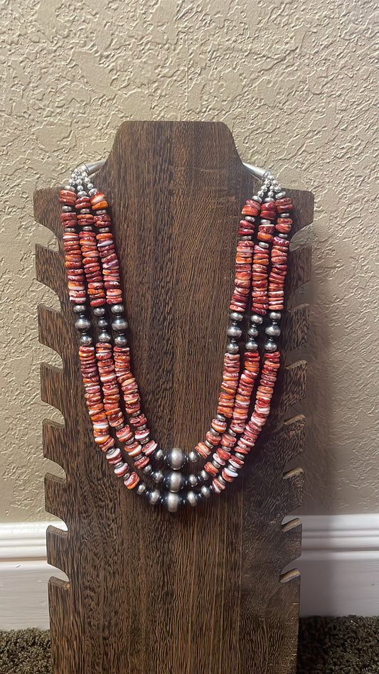 Navajo Handmade Red Spiny 3 Strand Necklace